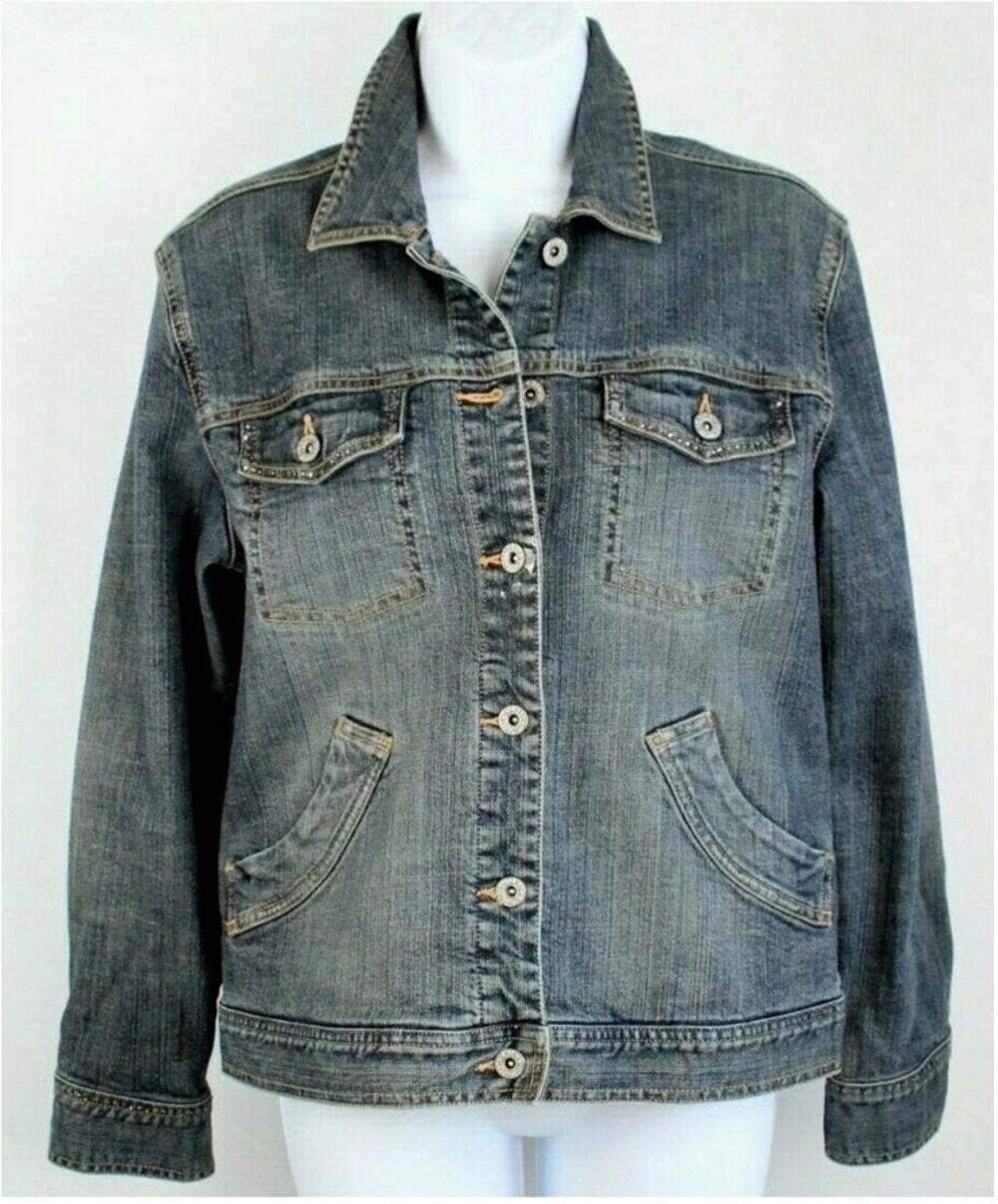 Chico's Platinum Crystal Studded Denim Jacket Size Large/2